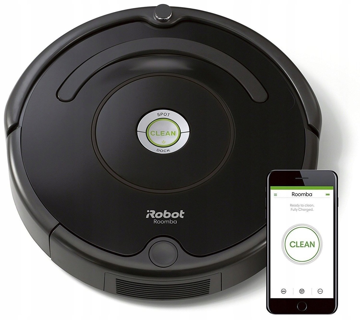 Czarny robot sprzątający Roomba z aplikacją na smartfonie, widoczny przycisk CLEAN, gotowy do pracy.