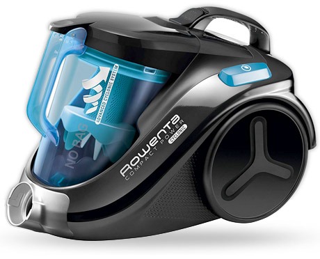 Czarno-szary odkurzacz Rowenta z przezroczystym pojemnikiem na kurz, widoczne logo i oznaczenie technologii cyklonowej.