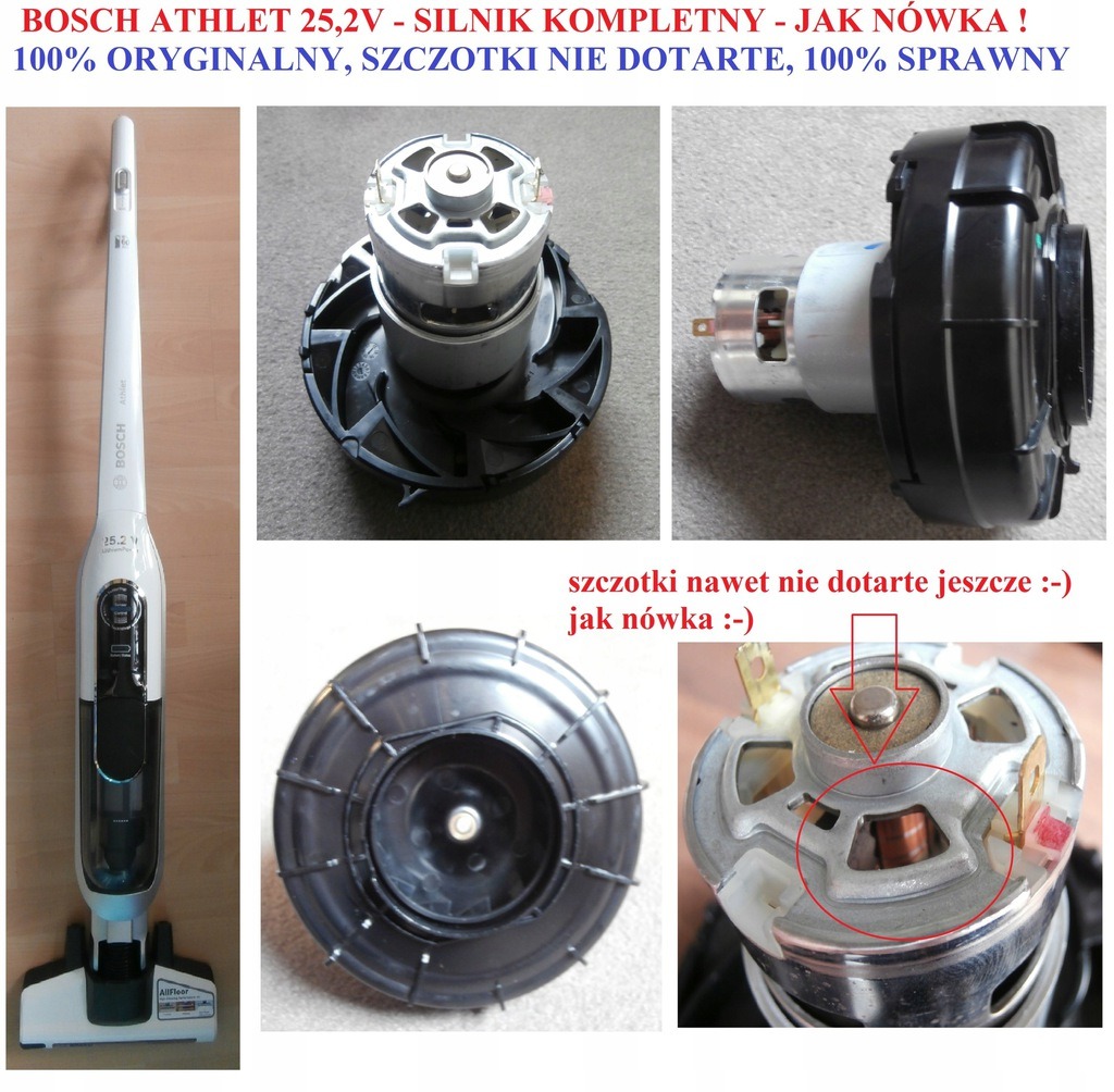 Silnik do odkurzacza Bosch Athlet 25.2V, kompletny i w stanie 'jak nowy', z niezużytymi szczotkami, przedstawiony w kilku ujęciach, w tym zbliżenie na szczotki z zaznaczeniem.