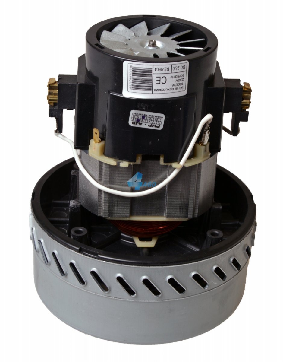 Silnik odkurzacza o mocy 1000W, z widoczną turbiną chłodzącą, uzwojeniami i srebrną obudową z otworami wentylacyjnymi na białym tle.