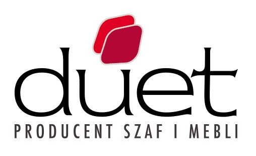 Logo firmy Duet, producenta szaf i mebli, z abstrakcyjnym czerwonym symbolem graficznym nad czarnym napisem.