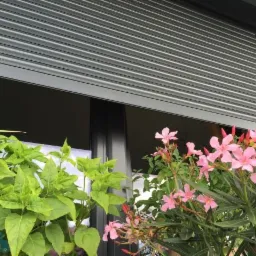 Zasłonięte okno roletą zewnętrzną w kolorze szarym, widok z zewnątrz, z doniczkami z zielonymi i różowymi kwiatami na pierwszym planie.