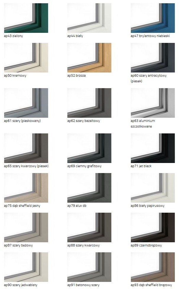 Paleta kolorów ram okiennych PCV, prezentująca przekroje narożników w różnych odcieniach, od zielonego i białego po szary, antracytowy i imitacje drewna.