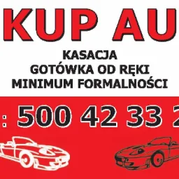 Plakat reklamowy: Skup aut, kasacja, gotówka od ręki, minimum formalności, numer telefonu oraz dwa szkice sportowych kabrioletów na czerwonym tle.