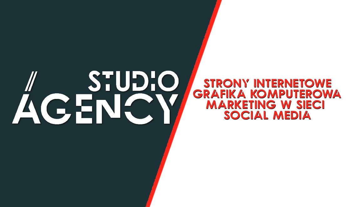 Graficzne logo agencji reklamowej z tekstem 'Studio Agency' na ciemnym tle, obok lista usług: strony internetowe, grafika komputerowa, marketing w sieci, social media, napisane czerwonym drukiem...