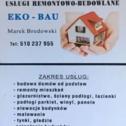 Wizytówka firmy remontowo-budowlanej EKO-BAU Marka Brodowskiego, oferującej usługi budowy domów, remontów mieszkań, glazurnictwa, podłóg, elewacji, malowania, tynków i ociepleń budynków,...