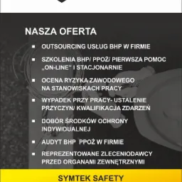 Plakat reklamowy firmy Symtek Safety oferującej usługi BHP, ppoż i pierwszą pomoc, w tym outsourcing, szkolenia (również online), ocenę ryzyka zawodowego, ustalanie przyczyn wypadków, dobór środków...