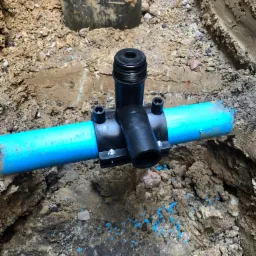 Niebieska rura wodociągowa z czarnym trójnikiem i złączkami w wykopie ziemnym, widoczne ślady niebieskiego barwnika w ziemi.