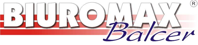 Logo firmy Biuromax Balcer z białym napisem na tle z czerwonymi i białymi pasami.