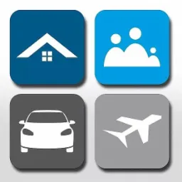 Zestaw czterech ikon w zaokrąglonych kwadratach: dom z dachem, rodzina, samochód i samolot.