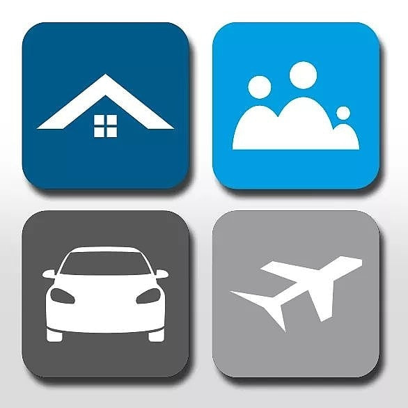 Zestaw czterech ikon w zaokrąglonych kwadratach: dom z dachem, rodzina, samochód i samolot.