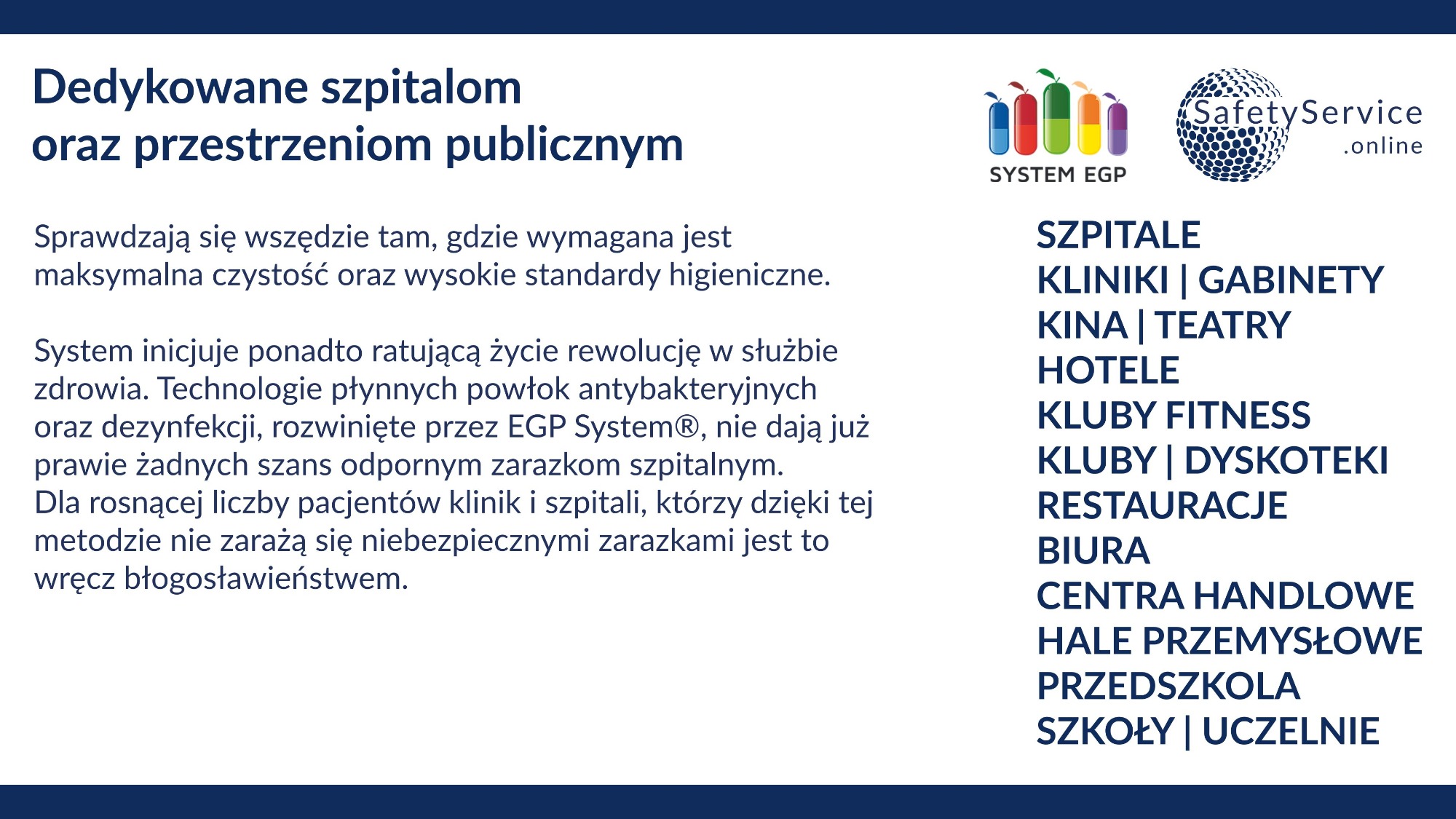 Grafika reklamowa systemu EGP Safety Service, dedykowanego szpitalom i przestrzeniom publicznym, zapewniającego wysokie standardy higieniczne i antybakteryjne powłoki.