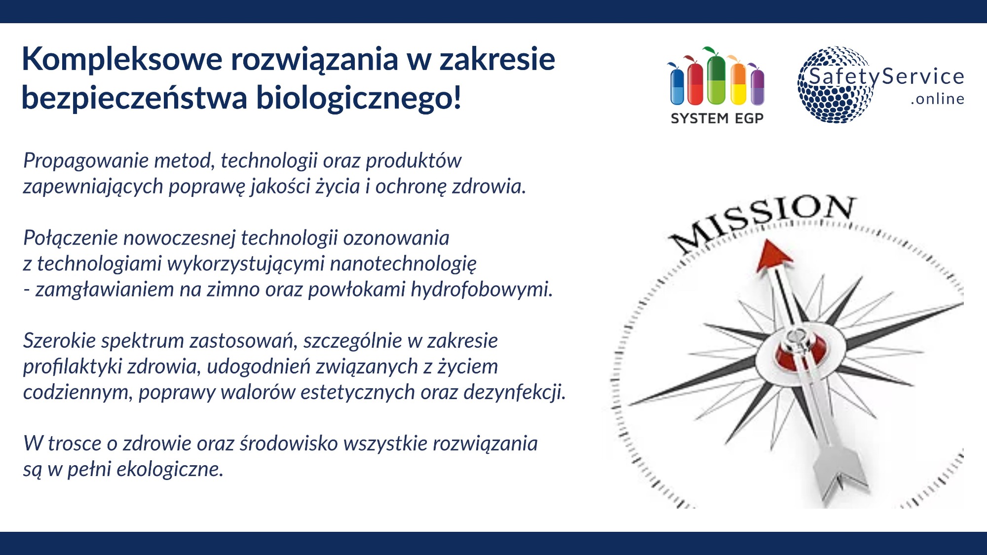 Grafika reklamowa firmy SafetyService.online prezentująca kompleksowe rozwiązania w zakresie bezpieczeństwa biologicznego, ozonowania, nanotechnologii, dezynfekcji, z logo firmy i kompasem...