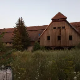 Duży, drewniany budynek z brązowym dachem z dachówki, częściowo zasłonięty przez wysoką trawę i zarośla, z widoczną drabiną opartą o dach.