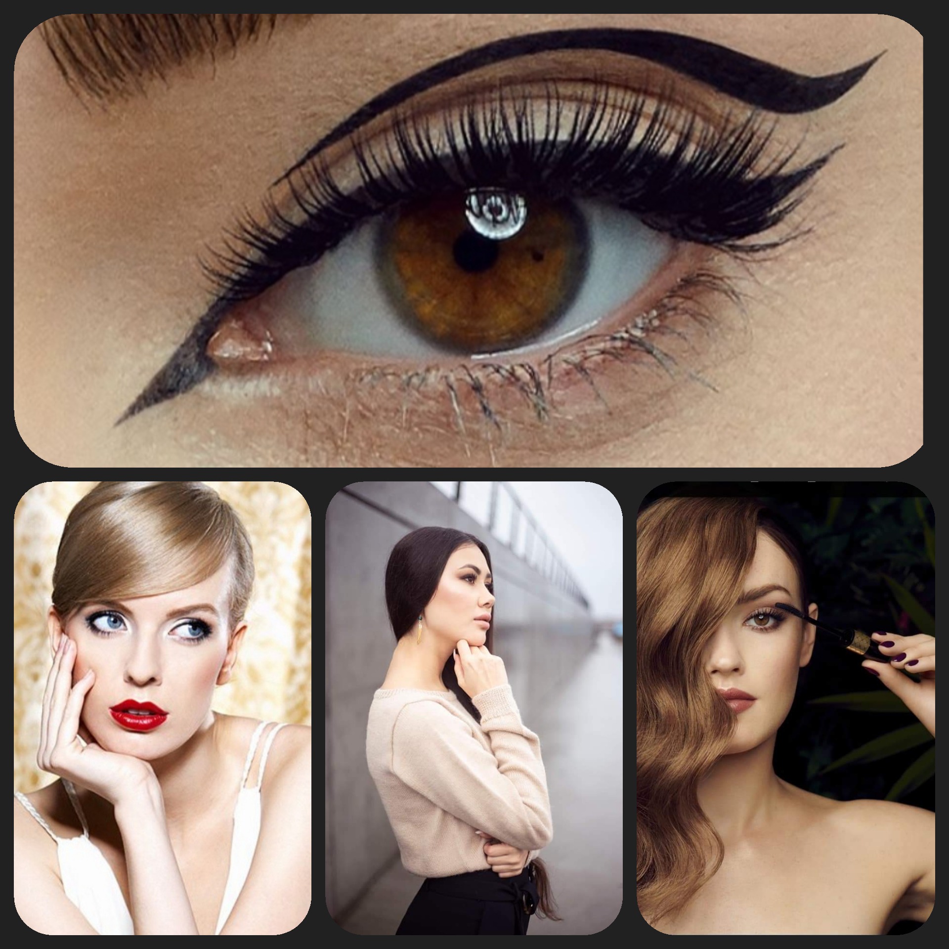 Kolaż zdjęć: zbliżenie oka z czarnym eyelinerem i długimi rzęsami, portret kobiety z czerwoną szminką i blond włosami, kobieta z ciemnymi włosami w beżowym swetrze na tle betonowej ściany, kobieta...