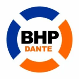 Logo firmy BHP DANTE w okręgu z elementami w kolorach niebieskim i pomarańczowym.