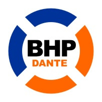 Logo firmy BHP DANTE w okręgu z elementami w kolorach niebieskim i pomarańczowym.