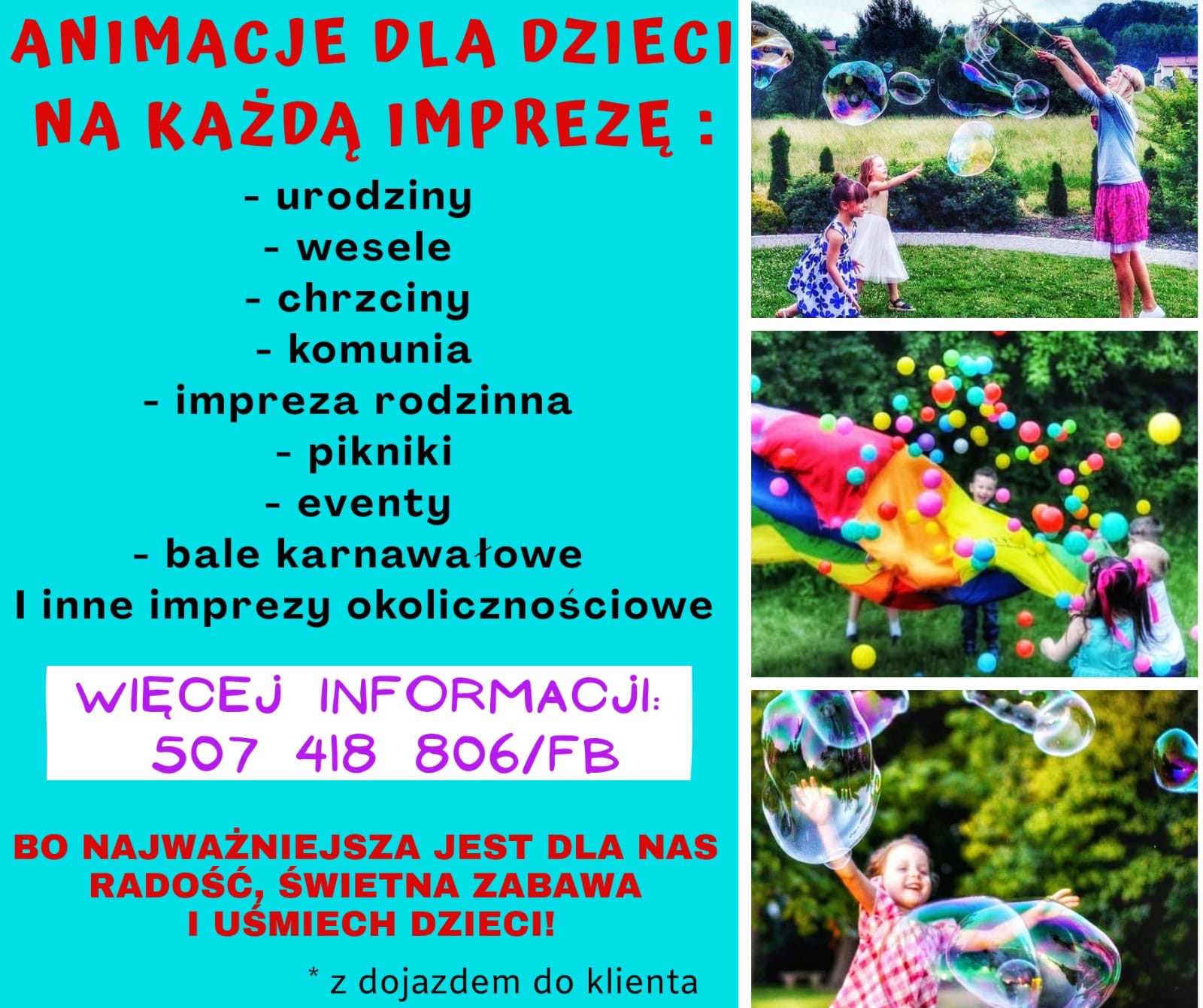 Serdecznie zapraszam , animacje dla dzieci z dojazdem na każda imprezę