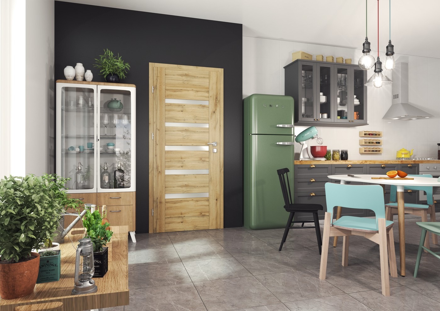 Jasne, drewniane skrzydło z czterema poziomymi przeszkleniami w nowoczesnej kuchni z zieloną lodówką Smeg i szarą zabudową.