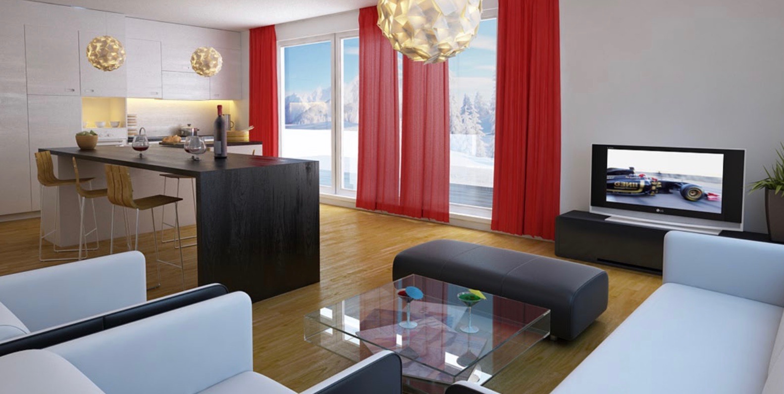 Nowoczesny salon z otwartą kuchnią, białe sofy, szklany stolik kawowy, czarny barek, czerwone zasłony i widok na zimowy krajobraz za oknem.
