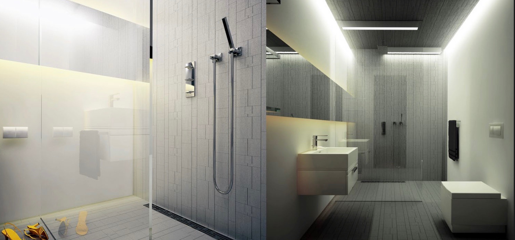 Nowoczesna łazienka z podświetleniem LED, minimalistyczną armaturą i szarymi płytkami na ścianach. W tle widoczna szklana kabina prysznicowa i wisząca umywalka. Na podłodze leżą złote sandały.