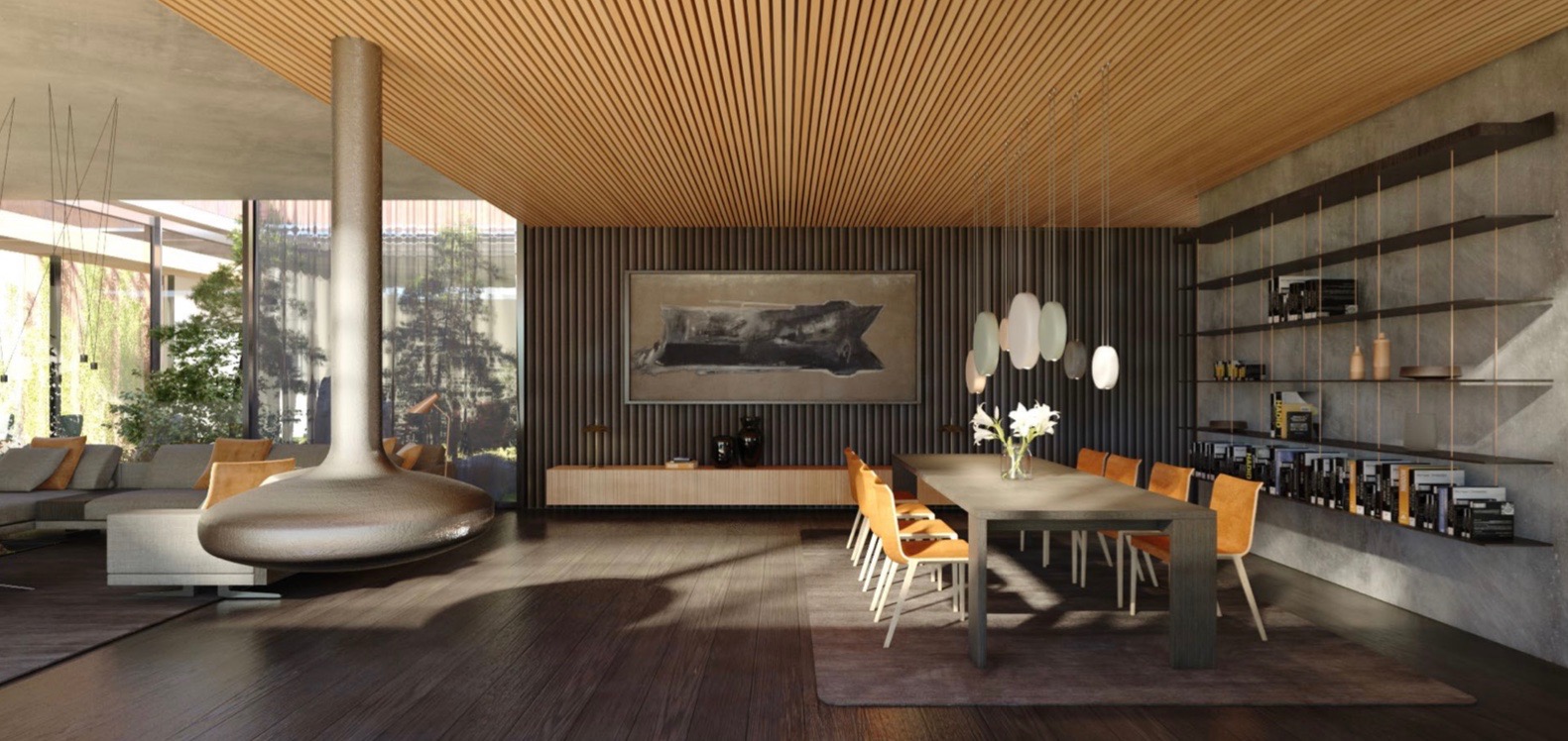 Nowoczesne wnętrze domu z drewnianym sufitem, wiszącym kominkiem, stołem jadalnym z pomarańczowymi krzesłami i regałem z książkami.