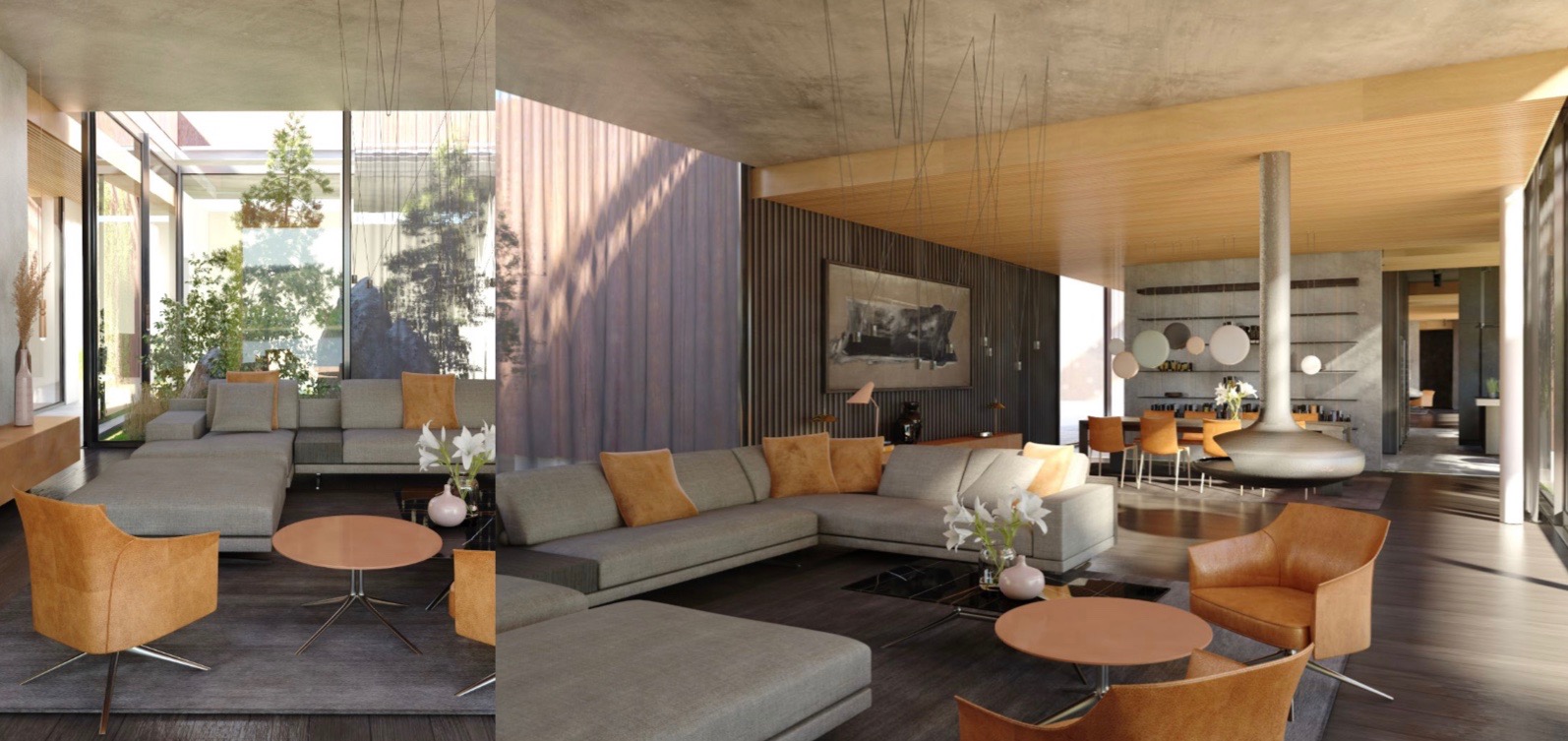 Przestronny salon z szarymi sofami narożnymi, pomarańczowymi akcentami w postaci poduszek i foteli, centralnie umieszczonym nowoczesnym kominkiem wiszącym oraz dużymi oknami z widokiem na zieleń.