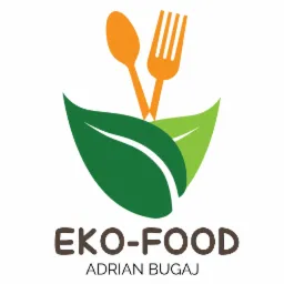 Logo firmy EKO-FOOD z miejscowości Sucha przedstawiające skrzyżowaną pomarańczową łyżkę i widelec nad zielonymi liśćmi, z napisem 'EKO-FOOD' i imieniem i nazwiskiem 'Adrian Bugaj' poniżej.