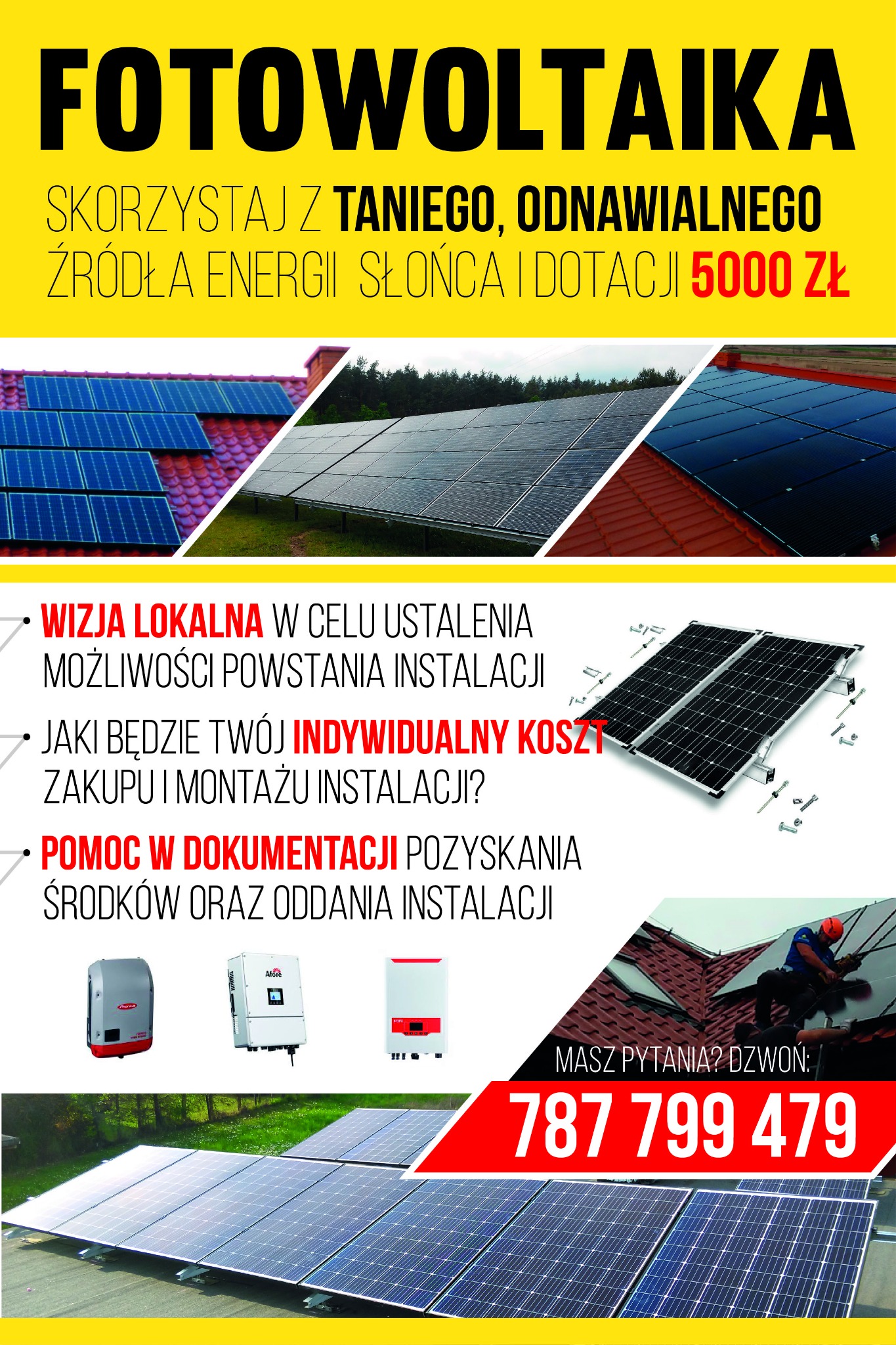 Kompozycja zdjęć paneli słonecznych na różnych dachach, schemat montażu paneli oraz pracownik podczas montażu, uzupełniona o informacje o dotacjach i numer telefonu kontaktowego.