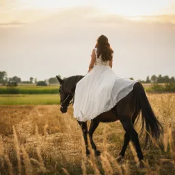 Kobieta w białej sukni ślubnej siedzi tyłem na ciemnym koniu na tle pola i zachodzącego słońca.