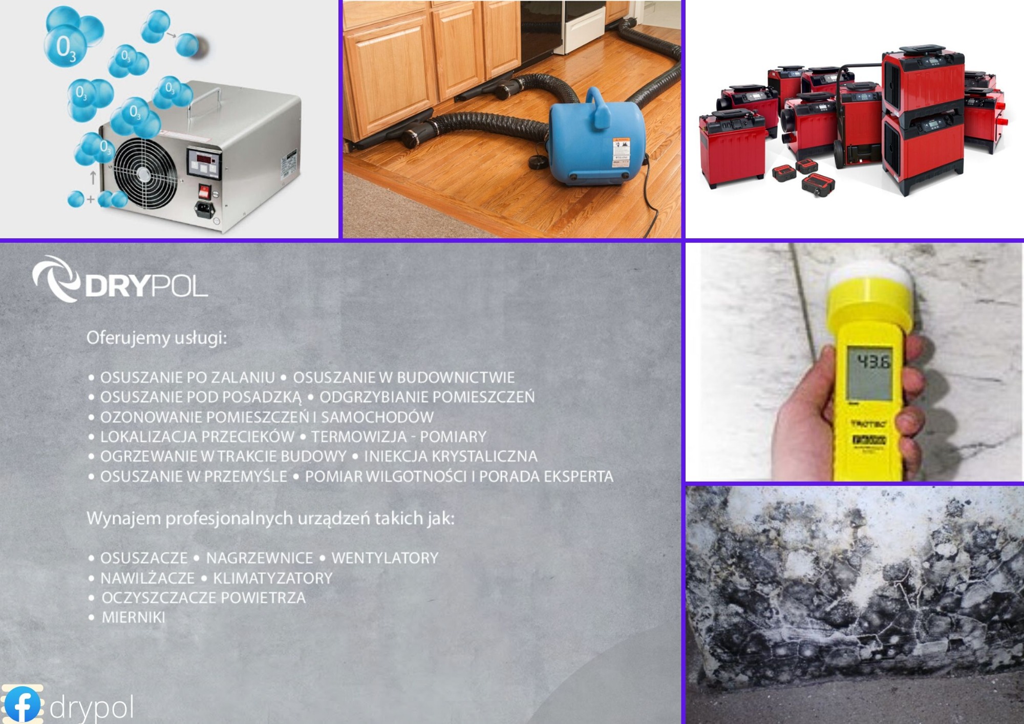 Kompozycja zdjęć przedstawiająca urządzenia do osuszania, w tym ozonator powietrza, osuszacz podłogowy z wężami, grupę czerwonych osuszaczy, miernik wilgotności w dłoni oraz ścianę z widocznym...