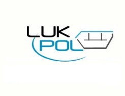 Logo firmy LUK-POL z Poznania, zarys kontenera i niebieski łuk pod napisem POL.