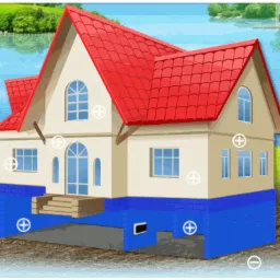 Ilustracja domu z zaznaczonymi punktami izolacji fundamentów i osuszania, z logo firmy ELEKTROOSMOZA w prawym górnym rogu.