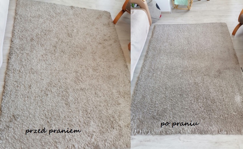 Dywan shaggy w odcieniach beżu, podzielony na dwie części: po lewej stronie widoczny dywan przed praniem, po prawej dywan po praniu, ukazujący różnicę w kolorze i czystości włókien.