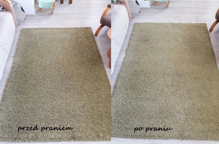Dywan typu shaggy w odcieniach beżu, podzielony na dwie części: lewa strona 'przed praniem', widocznie zabrudzona, prawa strona 'po praniu', odświeżona i jaśniejsza.