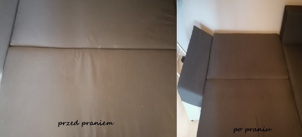 Porównanie: fragment brązowej kanapy przed i po praniu, widoczne różnice w czystości i odcieniu materiału.