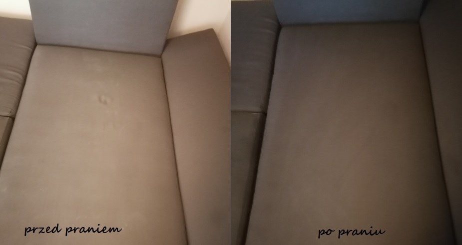 Porównanie stanu kanapy przed i po praniu, widoczne wyraźne usunięcie plam i zabrudzeń, ciemniejszy odcień materiału po czyszczeniu.