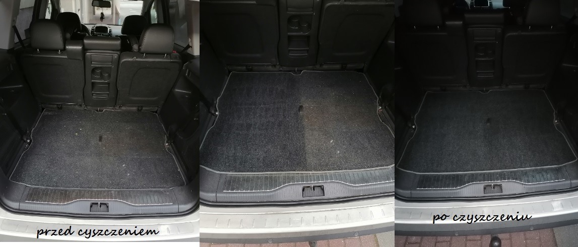 Trzy kadry bagażnika samochodu przed i po czyszczeniu, widoczne różnice w czystości dywanika, z podpisami 'przed czyszczeniem' i 'po czyszczeniu'.