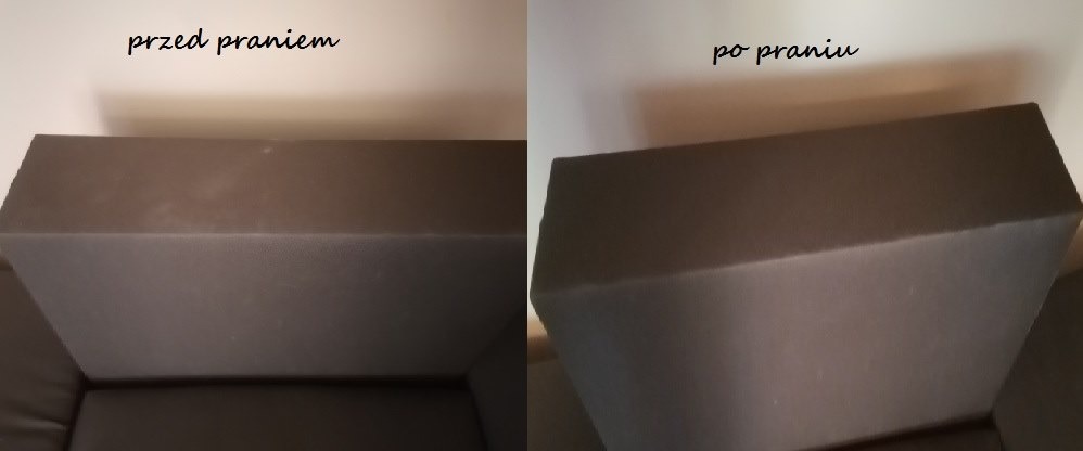 Porównanie fragmentu kanapy przed i po praniu, widoczne różnice w czystości tapicerki pod różnym oświetleniem.