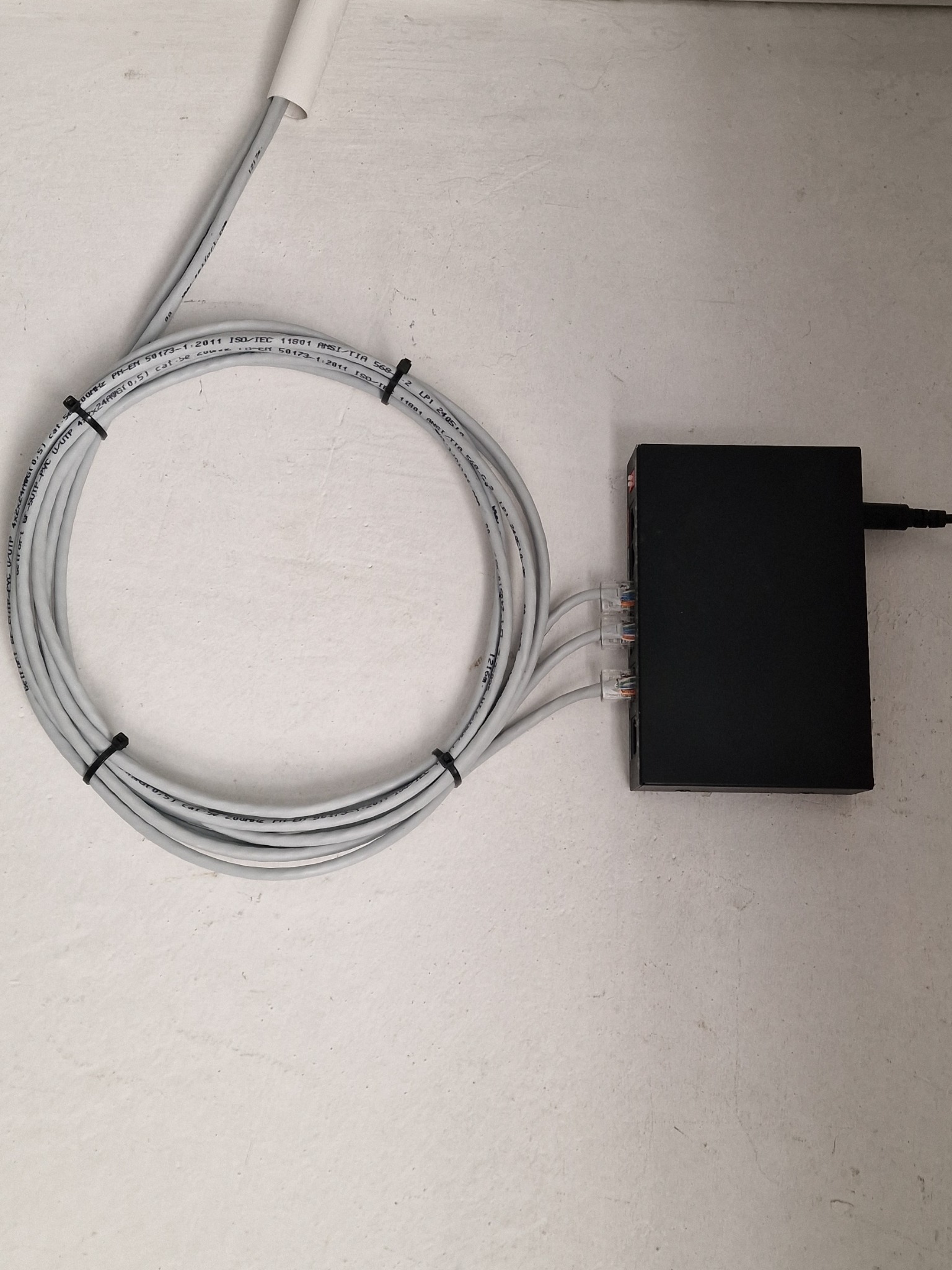 Czarny switch sieciowy z podłączonymi kablami UTP, spiętymi czarnymi opaskami zaciskowymi na tle białej ściany.