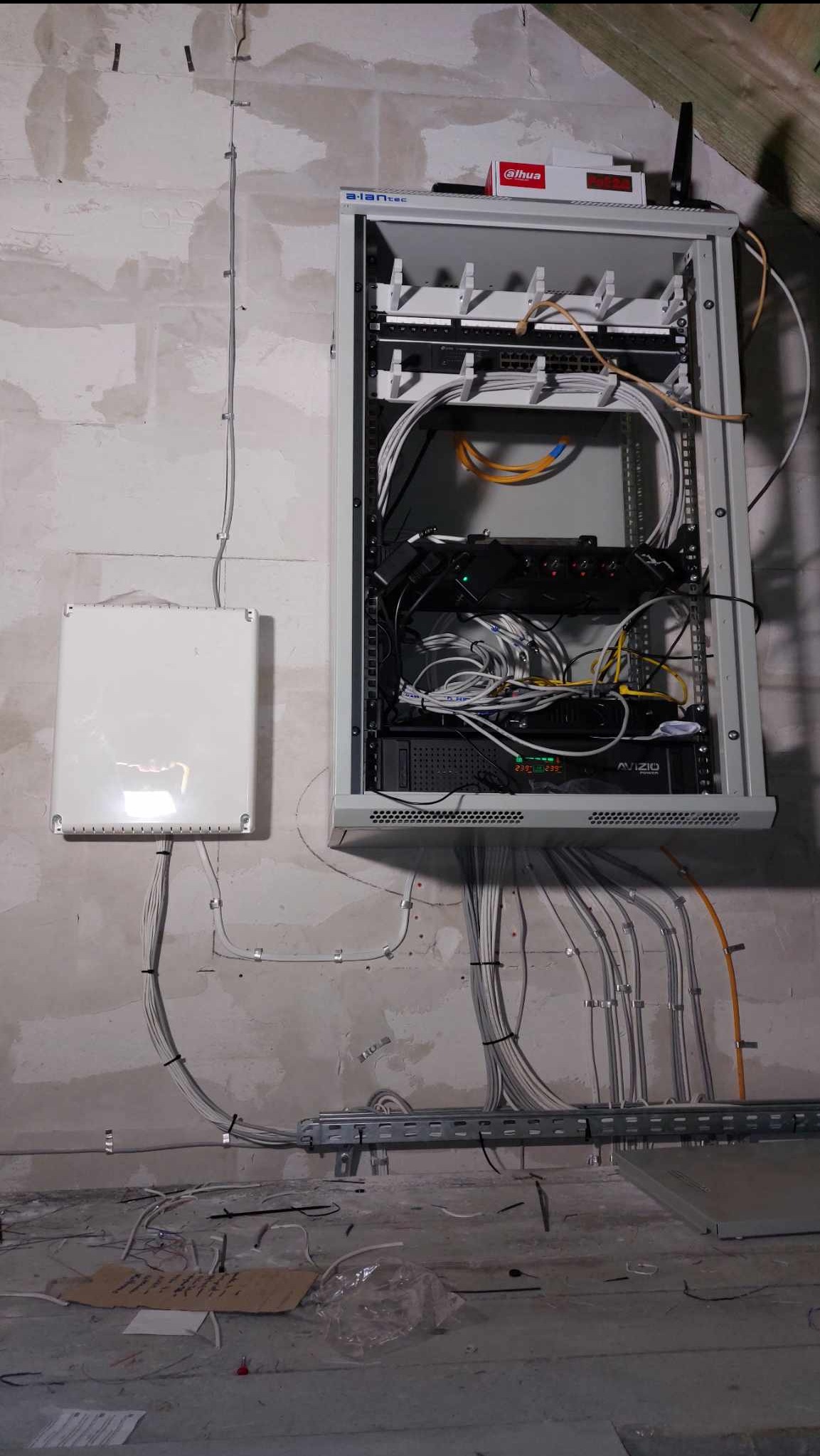 Szafa rack z zainstalowanymi urządzeniami, widoczne kable w ścianie, surowy stan wykończenia wnętrza, biała puszka na ścianie, logo Dahua na pudełku.