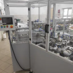 Automatyczna linia produkcyjna z przezroczystą obudową ochronną i panelem sterowania z przyciskami awaryjnymi, widok z boku na tle kafelkowanej ściany i podłogi.