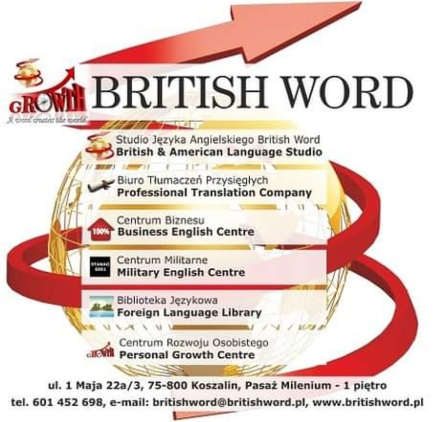 Grafika reklamowa szkoły językowej British Word z Koszalina, oferującej kursy Business English, angielski militarny, tłumaczenia przysięgłe oraz zajęcia z rozwoju osobistego. Na grafice czerwona...