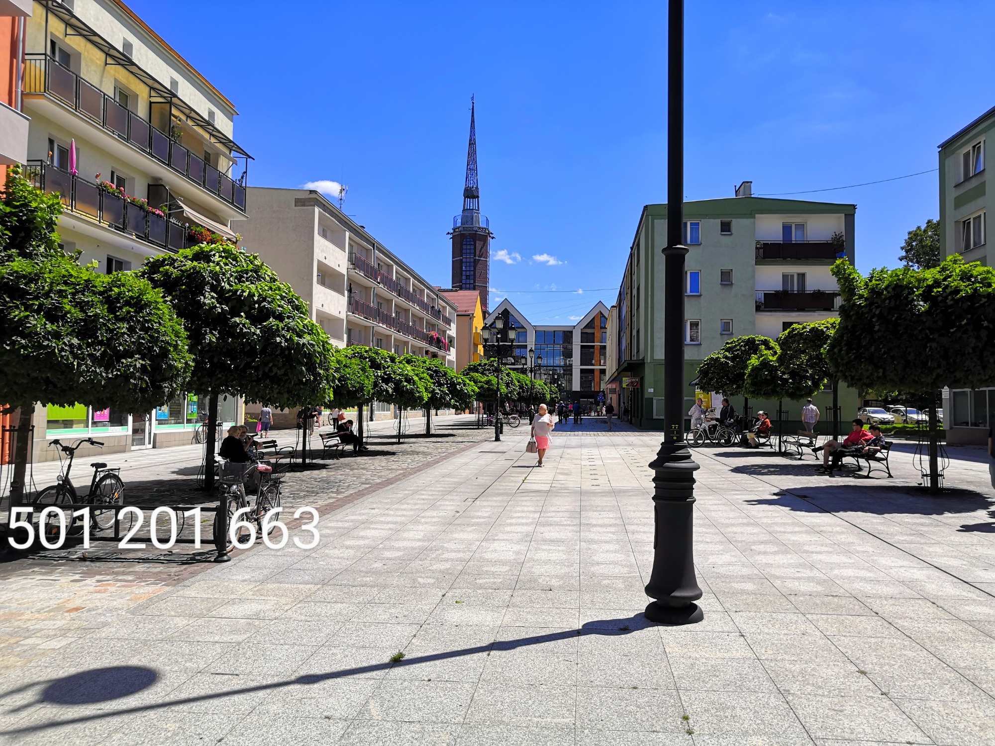 Ulica w Nysie z widokiem na wieżę, drzewa kuliste i osoby siedzące na ławkach w słoneczny dzień. Na pierwszym planie widoczny numer telefonu.