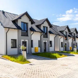 Rząd nowych, szeregowych domów z dwuspadowymi dachami krytymi czarną dachówką, z szaro-białą elewacją i żółtymi skrzynkami gazowymi przy wejściach, sfotografowany w słoneczny dzień.