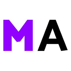 Logo firmy z fioletową literą M i czarną literą A na białym tle.