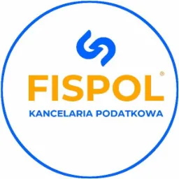 Okrągłe logo FISPOL Kancelaria Podatkowa z niebieskim obramowaniem i znakiem firmowym u góry, nazwa firmy w kolorze pomarańczowym.