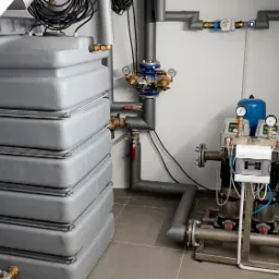 Szereg szarych zbiorników akumulacyjnych obok instalacji hydraulicznej z rurami, zaworami i pompą obiegową w pomieszczeniu technicznym z szarymi płytkami podłogowymi.