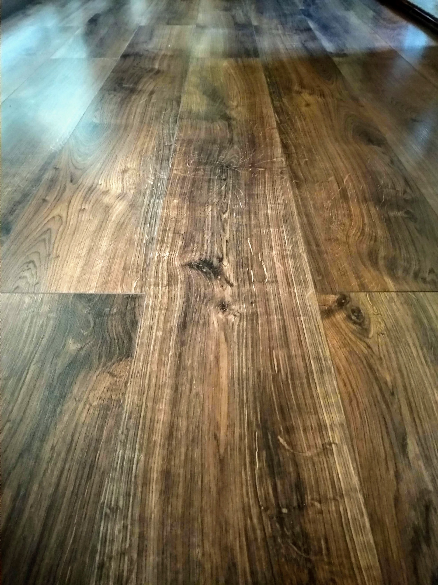 Nowo położona podłoga z paneli imitujących ciemne drewno, widoczne słoje i naturalne niedoskonałości, błyszcząca powierzchnia odbija światło.