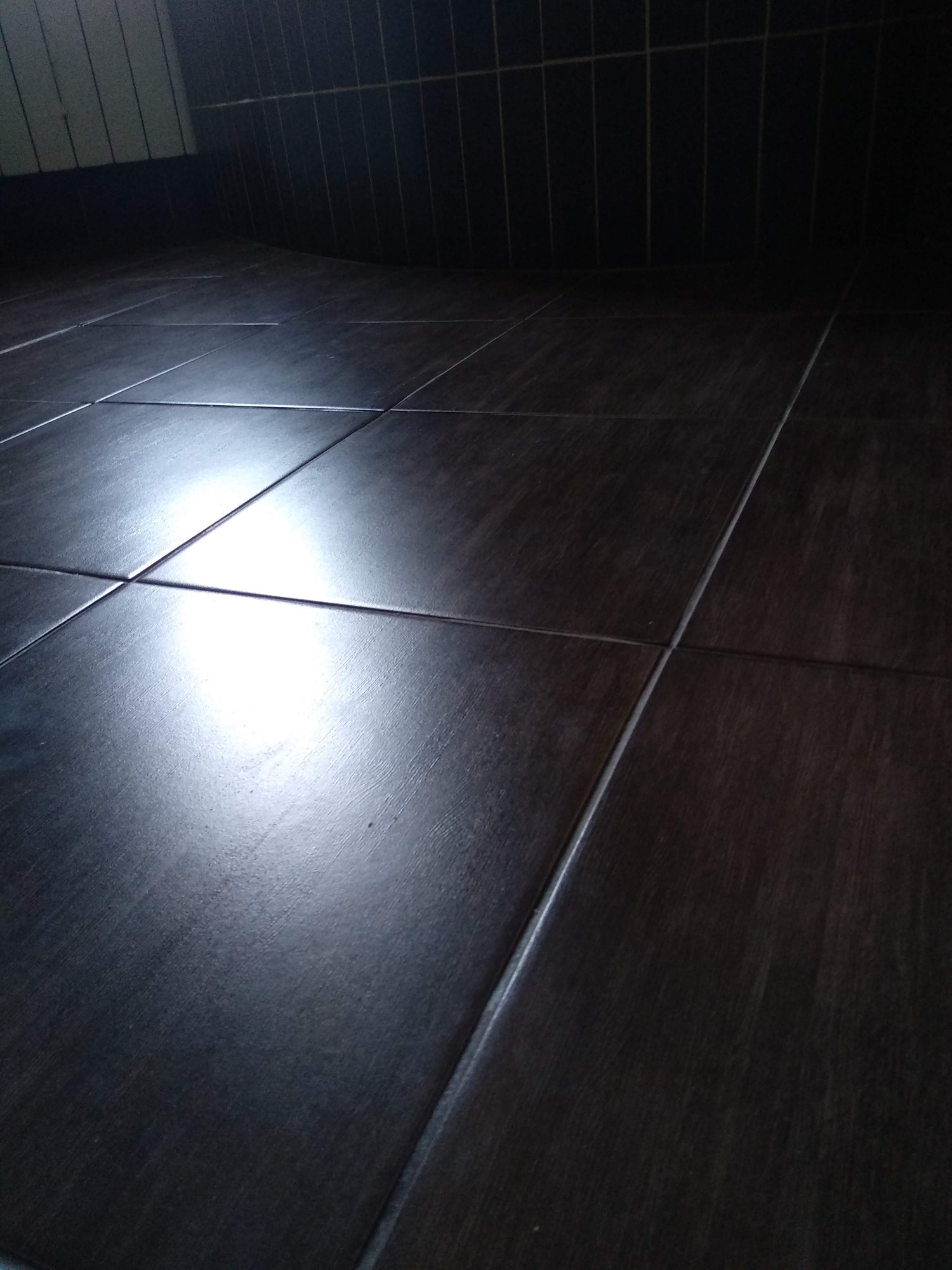 Ciemne, błyszczące płytki podłogowe i ścienne ułożone w regularny wzór, z widocznym odbiciem światła na powierzchni.